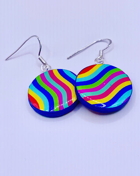 Striped Rainbow coloured round paper earrings