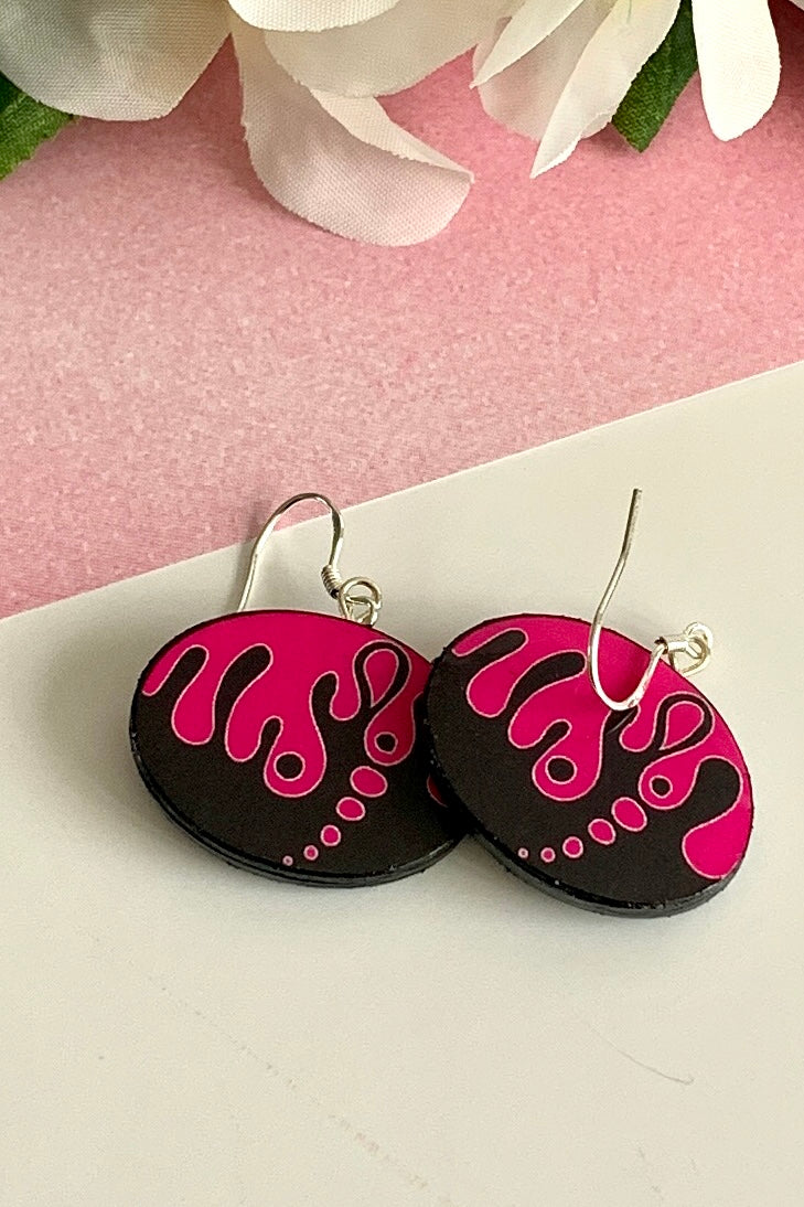 Oval black and hot pink design shaped paper earrings