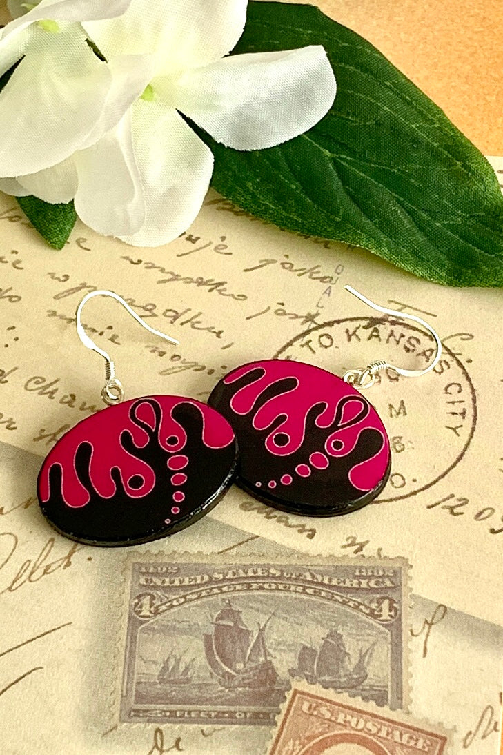 Oval black and hot pink design shaped paper earrings