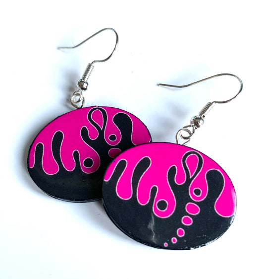 Oval black and hot pink design shaped paper earrings