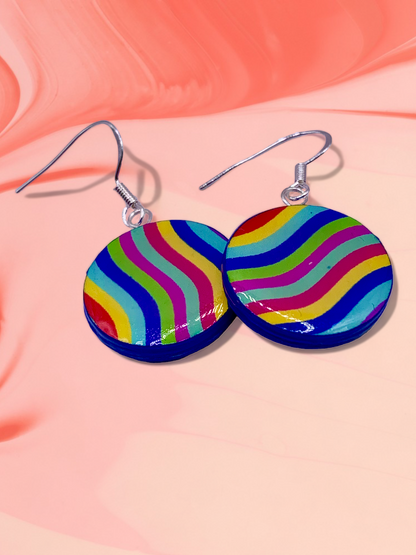 Striped Rainbow coloured round paper earrings