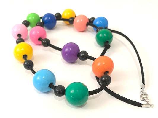 Multicoloured long wooden beaded necklace