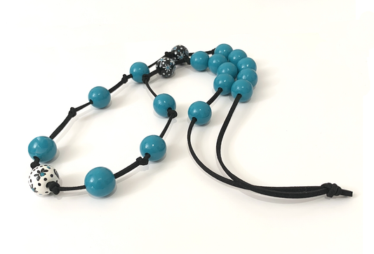 Turquoise long wooden beaded necklace
