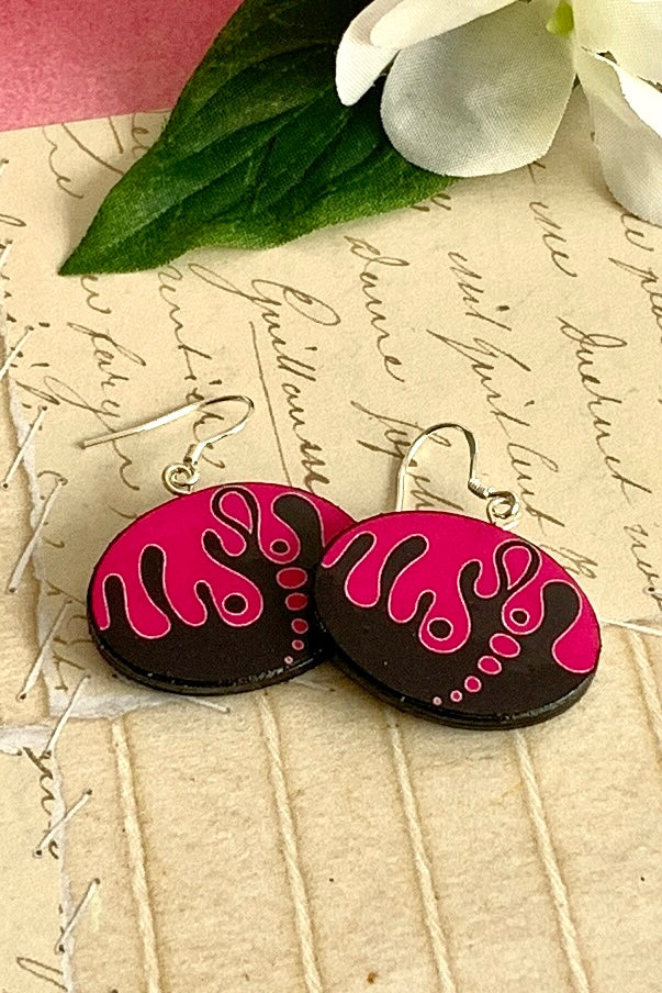 Oval black and hot pink design shaped paper earrings