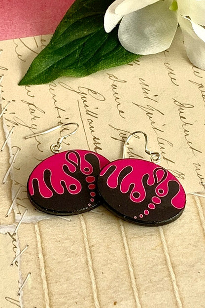 Oval black and hot pink design shaped paper earrings