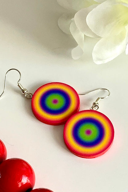 Rainbow coloured round paper earrings