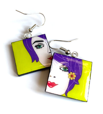 Green Lady's Face paper earrings